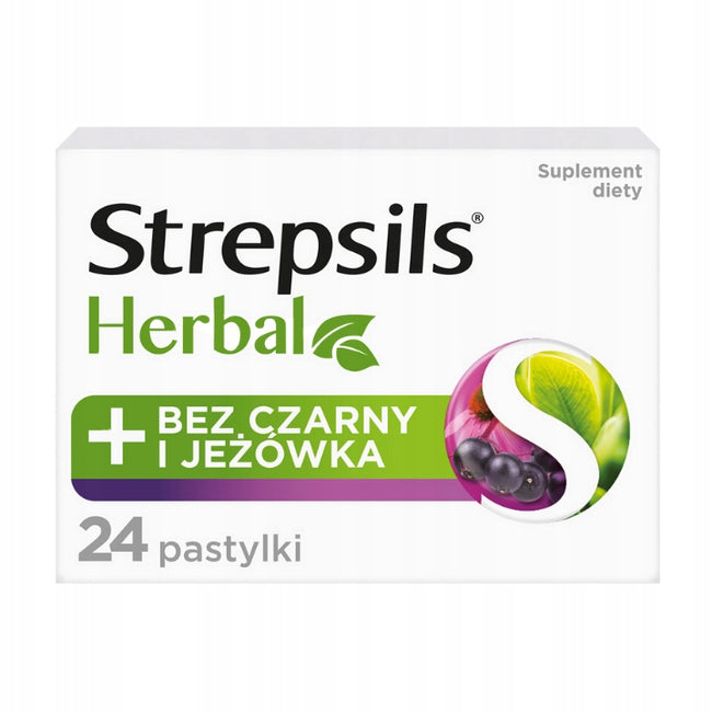 Strepsils Herbal pastylki do ssania łagodzące podrażnione gardło i struny głosowe suplement diety Bez Czarny i Jeżówka 24szt.