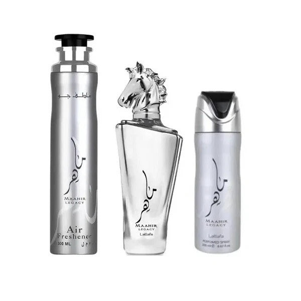 Lattafa Maahir Legacy zestaw woda perfumowana spray 100ml + dezodorant spray 200ml + odświeżacz powietrza 300ml
