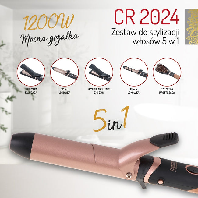 Camry Hair Styler zestaw do stylizacji włosów 5in1 1200W płytka falująca 3D + lokówka 32mm + lokówka 19mm + szczotka prostująca + płytki karbujące Zig-Zag