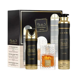 Lattafa Khamrah zestaw woda perfumowana spray 100ml + dezodorant spray 200ml + odświeżacz powietrza 300ml