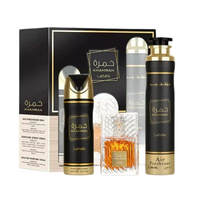 Lattafa Khamrah zestaw woda perfumowana spray 100ml + dezodorant spray 200ml + odświeżacz powietrza 300ml