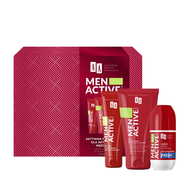 AA Men Active Care zestaw outdoorowy krem do twarzy 50ml + peelingujący żel do mycia twarzy 150ml + antyperspirant roll-on 50ml