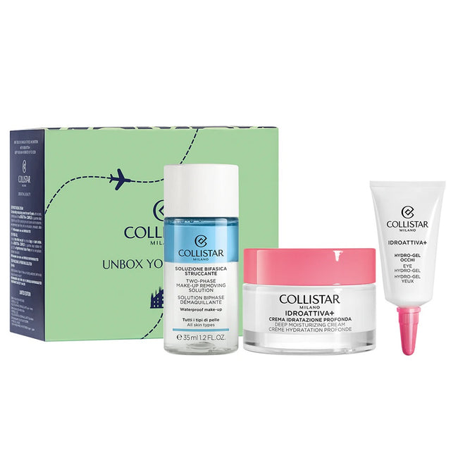 Collistar Unbox Your Confidence zestaw hydro-żel pod oczy 5ml + dwufazowy płyn do demakijażu 35ml + krem głęboko nawilżający 30ml