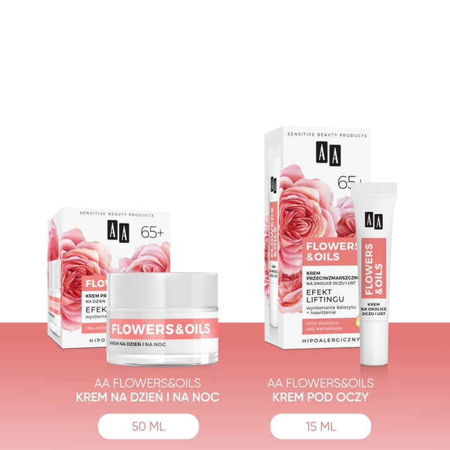 AA Flowers&Oils 65+ Efekt Liftingu zestaw krem przeciwzmarszczkowy na dzień i na noc 50ml + krem przeciwzmarszczkowy na okolice oczu i ust 15ml