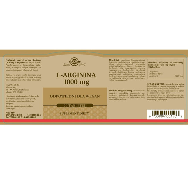 Solgar L-Arginina 1000mg suplement diety 90 tabletek