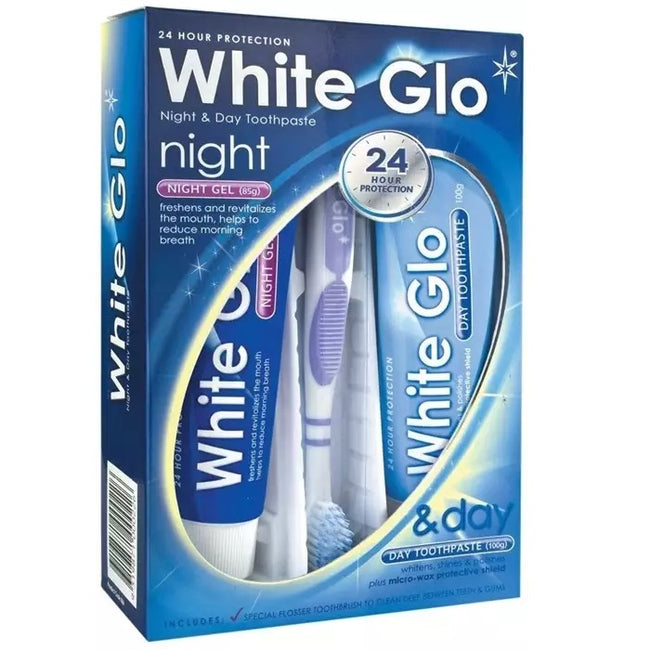 White Glo Night & Day zestaw pasta do zębów 65ml + żel na noc 65ml + szczoteczka do zębów