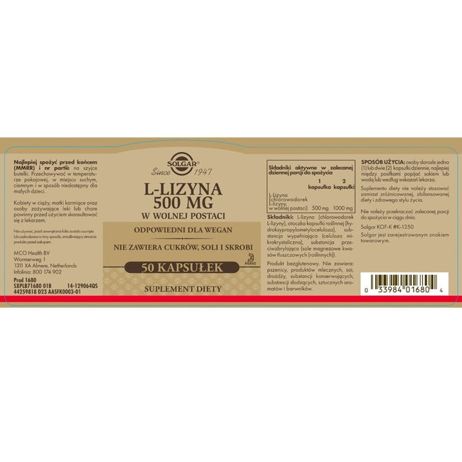 Solgar L-lizyna 500mg suplement diety 50 kapsułek