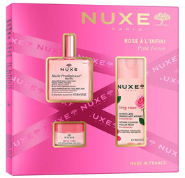 Nuxe Pink Fever zestaw suchy olejek regenerujący 50ml + łagodząca woda micelarna 3w1 100ml + różany balsam do ust 15g