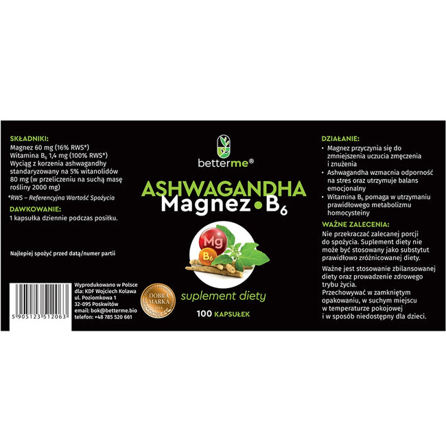BetterMe Ashwagandha Magnez B6 suplement diety na zmęczenie i stres 100 kapsułek