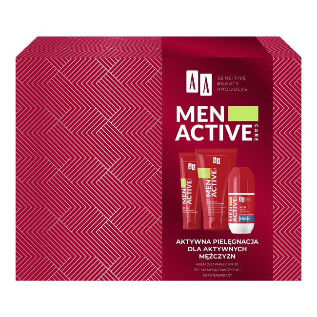 AA Men Active Care zestaw outdoorowy krem do twarzy 50ml + peelingujący żel do mycia twarzy 150ml + antyperspirant roll-on 50ml