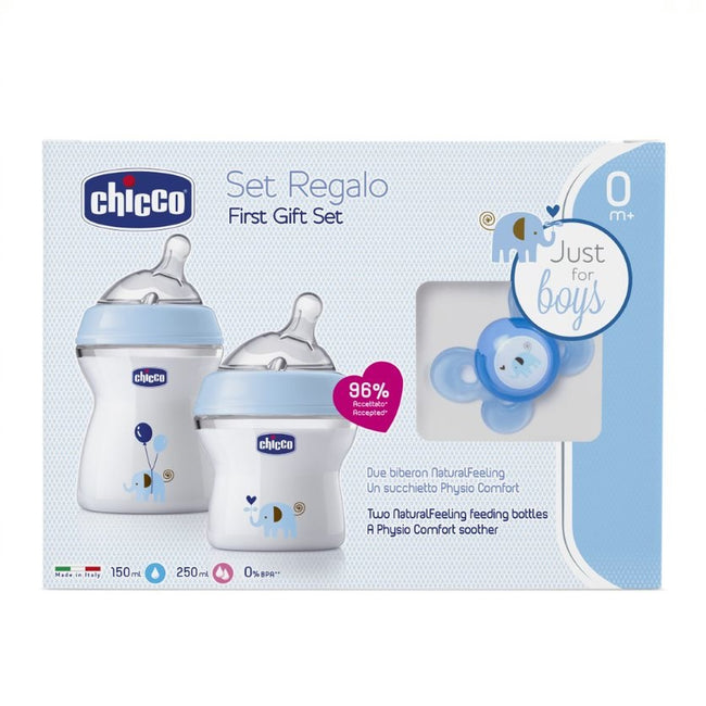 Chicco NaturalFeeling zestaw do karmienia butelka 150ml 0m+ + butelka 250ml 2m+ + smoczek PhysioForma Comfort 0m+ Niebieski