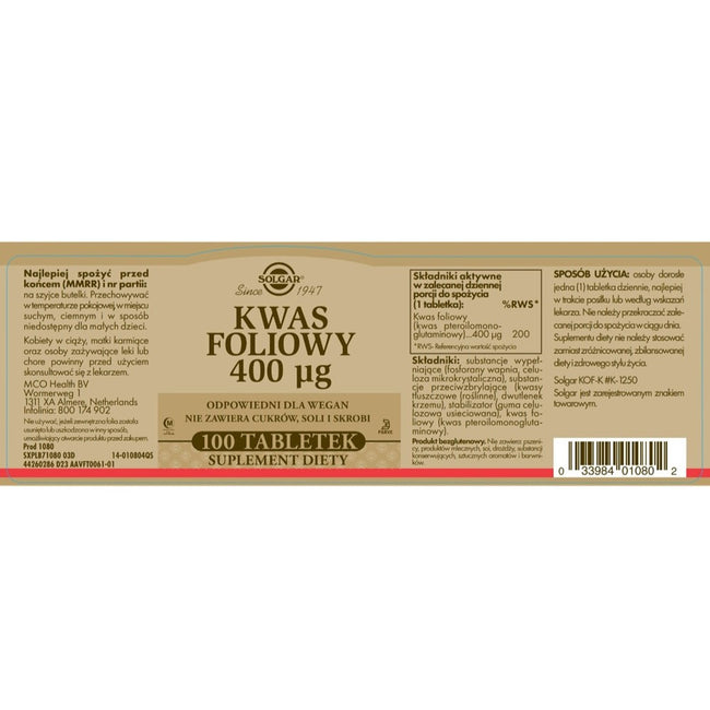 Solgar Kwas Foliowy 400mcg suplement diety 100 tabletek