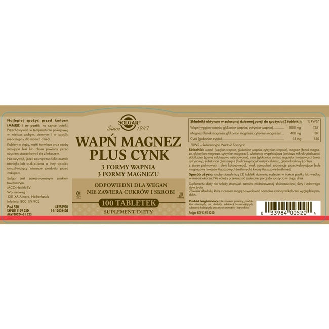 Solgar Wapń Magnez Cynk suplement diety 100 tabletek