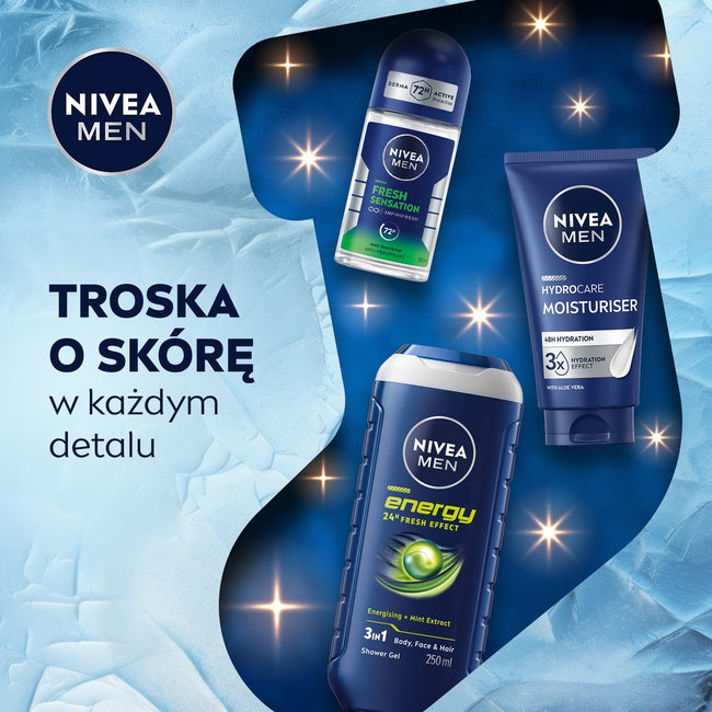 Nivea Men Feel Recharged zestaw nawilżający krem do twarzy 75ml + żel pod prysznic 3w1 250ml + antyperspirant roll-on 50ml