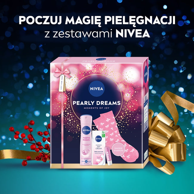 Nivea Pearly Dreams zestaw antyperspirant w sprayu 150ml + odżywczy krem na dzień SPF15 50ml + pielęgnująca pomadka do ust 4.8g + skarpetki