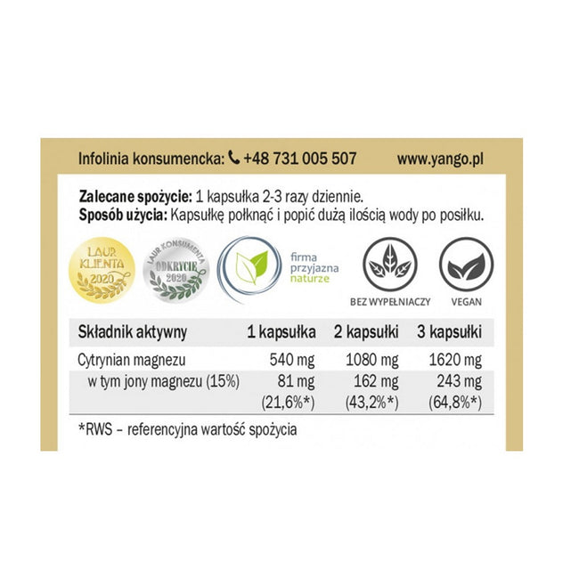 Yango Cytrynian Magnezu suplement diety 90 kapsułek