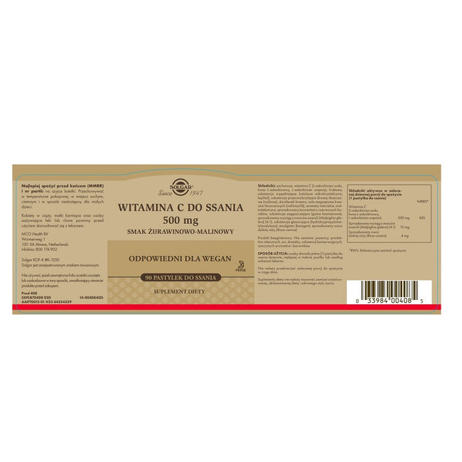 Solgar Witamina C 500mg suplement diety 90 pastylek do ssania