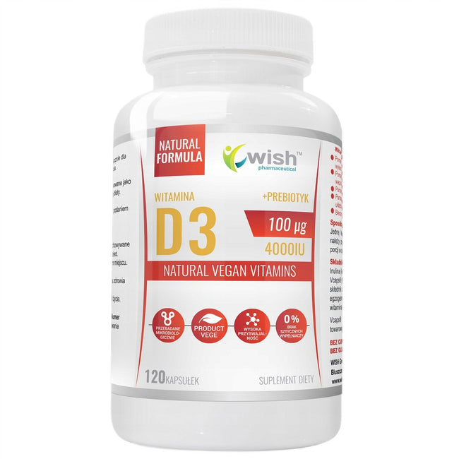 WISH Pharmaceutical Naturalna Witamina D3 100μg 4000IU + Prebiotyk suplement diety 120 kapsułek