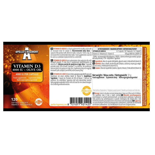 Apollo's Hegemony Vitamin D3 4000 IU + Olive Oil suplement diety 120 kapsułek