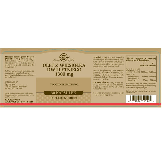 Solgar Olej z wiesiołka dwuletniego 1300mg suplement diety 30 kapsułek