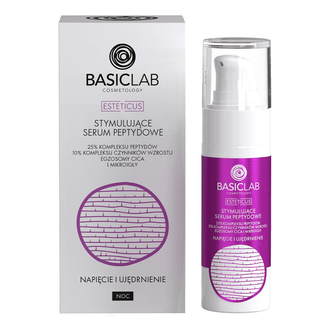 BasicLab Esteticus stymulujące serum peptydowe na noc 25% kompleksu peptydów 10% kompleksu czynników wzrostu egzosomy CICA i mikroigły Napięcie i Ujędrnienie 30ml