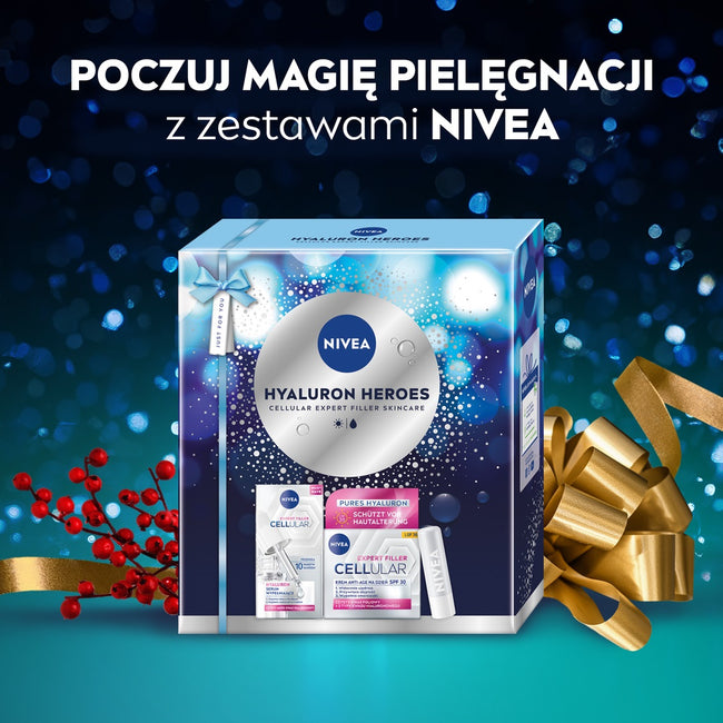 Nivea Hyaluron Heroes zestaw serum wypełniające 15ml + krem anti-age na dzień SPF30 50ml + nawilżający balsam do ust 4.8g
