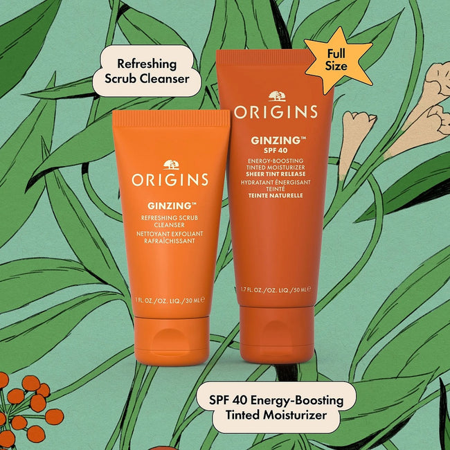 Origins Ginzing Protect And Glow zestaw wygładzający peeling do twarzy 30ml + energetyzujący krem nawilżający z filtrem SPF40 50ml