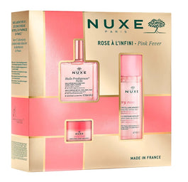 Nuxe Rose A L'infini Pink Fever zestaw łagodząca woda micelarna 3w1 100ml + różany balsam do ust 15g + suchy olejek regenerujący 50ml
