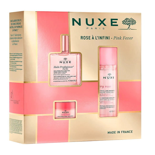 Nuxe Rose A L'infini Pink Fever zestaw łagodząca woda micelarna 3w1 100ml + różany balsam do ust 15g + suchy olejek regenerujący 50ml