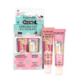 Floslek Vege Lip Care zestaw odnowa ust w 2 krokach cukrowy scrub nastrojowy wiśniowy + maska do ust cytrynowa odnowa 2x14g