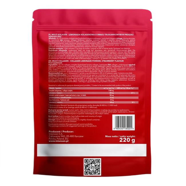 Intenson Multi Kolagen Lemoniada + witamina C + kwas hialuronowy + OPC suplement diety Truskawka 220g