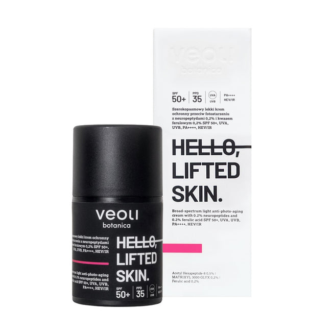 Veoli Botanica Hello Lifted Skin szerokopasmowy lekki krem ochronny przeciw fotostarzeniu z neuropeptydami 0.2% i kwasem ferulowym 0.2% SPF50+ 50ml