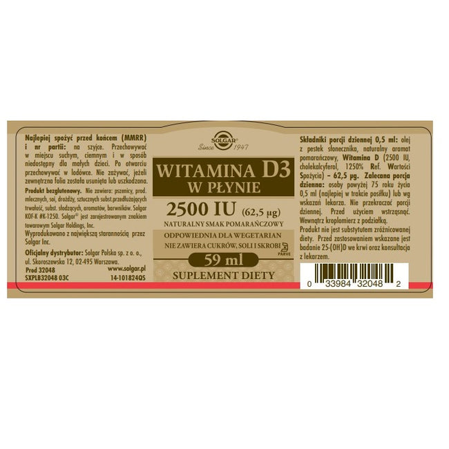 Solgar Witamina D3 w płynie 2500 IU suplement diety 59ml