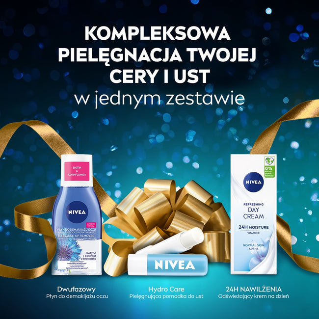 Nivea Fresh Skin zestaw odświeżający krem na dzień 50ml + dwufazowy płyn do demakijażu oczu 125ml + pielęgnująca pomadka do ust 4.8g
