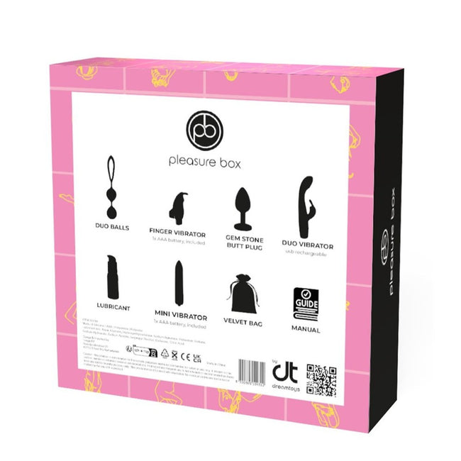 Dream Toys Pleasure Box Love to Play zestaw Duo Love Balls kulki gejszy + Finger Vibrator wibrator na palec + Anal Plug korek analny + Rabbit Vibrator wibraor + lubrykant + Mini Vibrator wibrator + Velvet Pouch worek