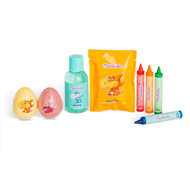 Martinelia Little Dinosauric Fun Bath Set zestaw kule do kąpieli 2x70g + żel pod prysznic 100ml + kredki do kąpieli 4szt + sól do kąpieli 75g