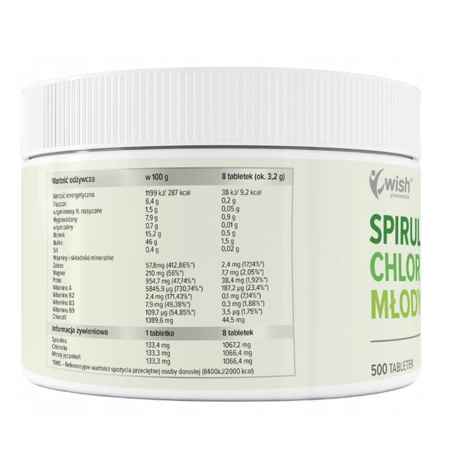 WISH Pharmaceutical Spirulina Chlorella Młody Jęczmień suplement diety 500 tabletek