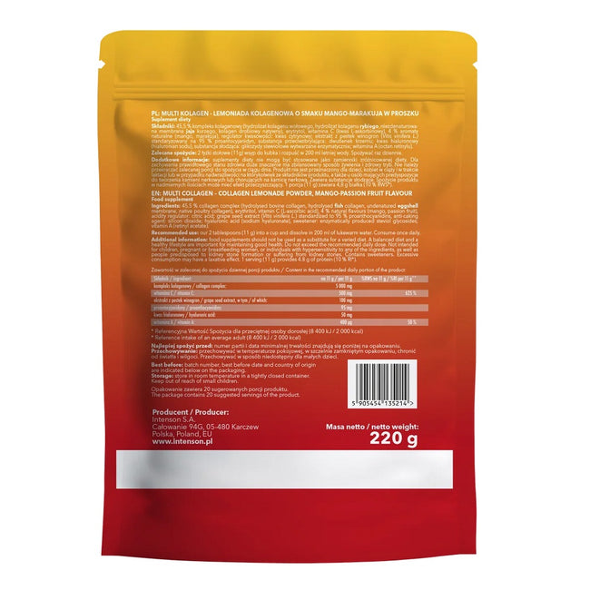 Intenson Multi Kolagen Lemoniada + witamina C + kwas hialuronowy + OPC suplement diety Mango-Marakuja 220g