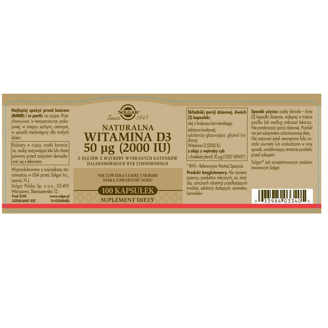 Solgar Witamina D3 1000IU suplement diety 100 kapsułek