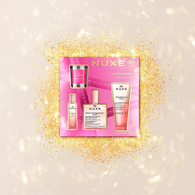 Nuxe Happy In Pink zestaw suchy olejek regenerujący 100ml + żel pod prysznic 100ml + perfumy 15ml + świeca zapachowa 60g