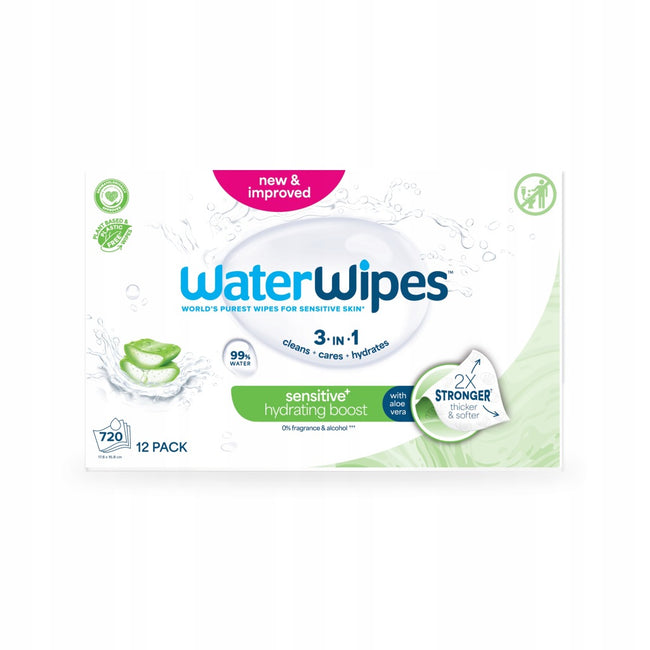 WaterWipes Sensitive+ Nawilżający Zastrzyk chusteczki łagodzące z aloesem 12x60szt.