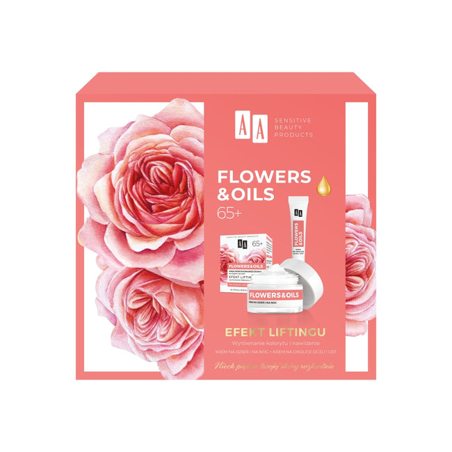 AA Flowers&Oils 65+ Efekt Liftingu zestaw krem przeciwzmarszczkowy na dzień i na noc 50ml + krem przeciwzmarszczkowy na okolice oczu i ust 15ml