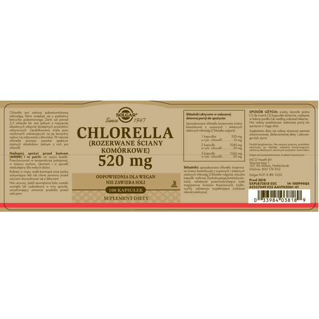 Solgar Chlorella 520mg suplement diet 100 kapsułek