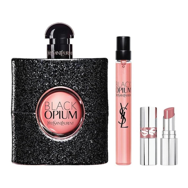 Yves Saint Laurent Black Opium zestaw woda perfumowana spray 90ml + miniatura wody perfumowanej 10ml + Loveshine pomadka do ust 44