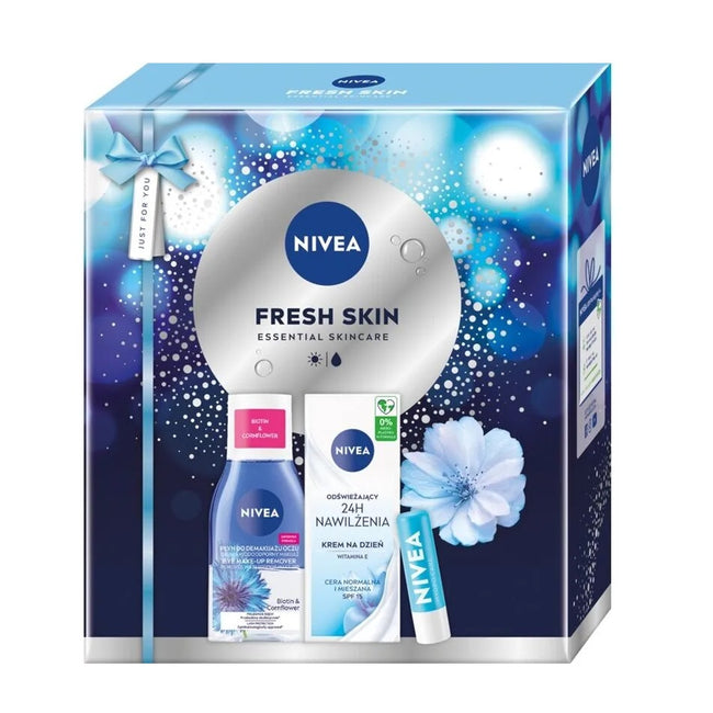 Nivea Fresh Skin zestaw odświeżający krem na dzień 50ml + dwufazowy płyn do demakijażu oczu 125ml + pielęgnująca pomadka do ust 4.8g