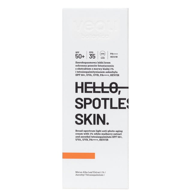 Veoli Botanica Hello Spotless Skin szerokopasmowy lekki krem ochronny przeciw fotostarzeniu z ekstraktem z morwy białej 1% i tetraizopalmitynianem askorbylu SPF50+ 50ml