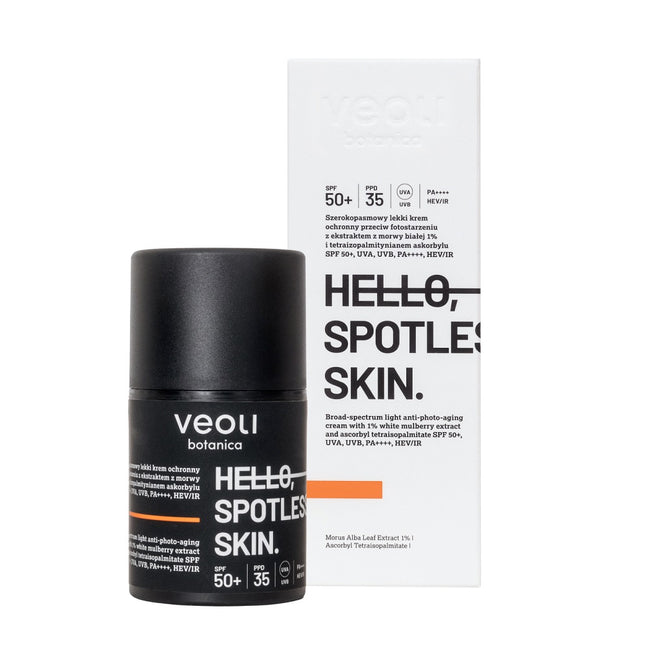 Veoli Botanica Hello Spotless Skin szerokopasmowy lekki krem ochronny przeciw fotostarzeniu z ekstraktem z morwy białej 1% i tetraizopalmitynianem askorbylu SPF50+ 50ml