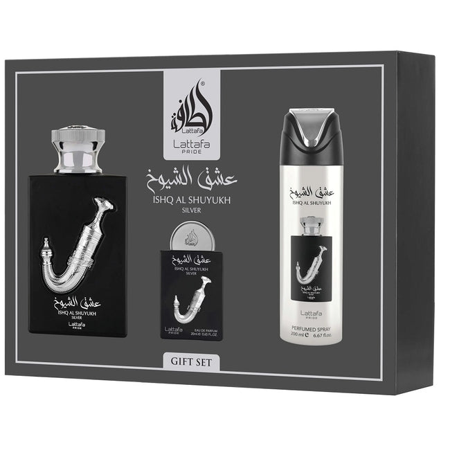 Lattafa Ishq Al Shuyukh Silver zestaw woda perfumowana spray 100ml + woda perfumowana spray 20ml + dezodorant spray 200ml