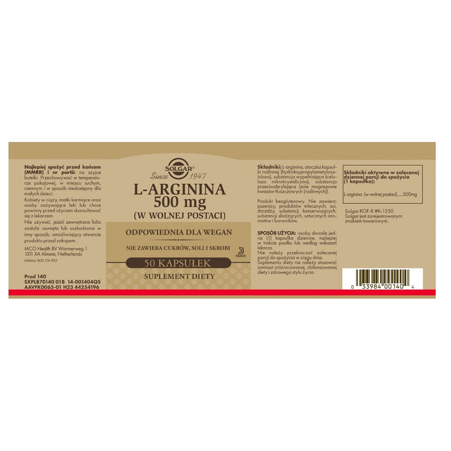 Solgar L-Arginina 500mg suplement diety 50 kapsułek