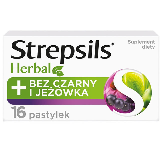Strepsils Herbal pastylki do ssania łagodzące podrażnione gardło i struny głosowe suplement diety Bez Czarny i Jeżówka 16szt.